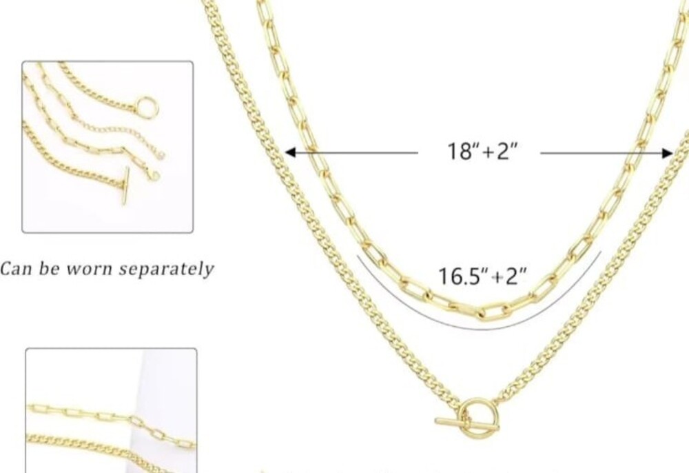 Silver Toned Layered Double Chain Necklace Paperclip Link Toggle Clasp Adjustabl - Picture 5 of 5